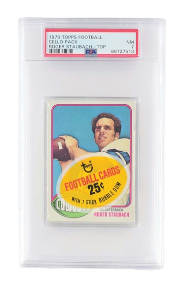 1976 TOPPS FOOTBALL CELLO PACK WITH ROGER STAUBACH - PSA 7.