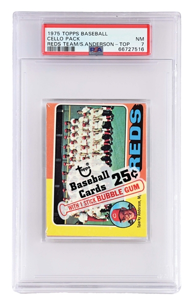 1975 TOPPS BASEBALL CELLO PACK WITH BIG RED MACHINE - PSA 7.