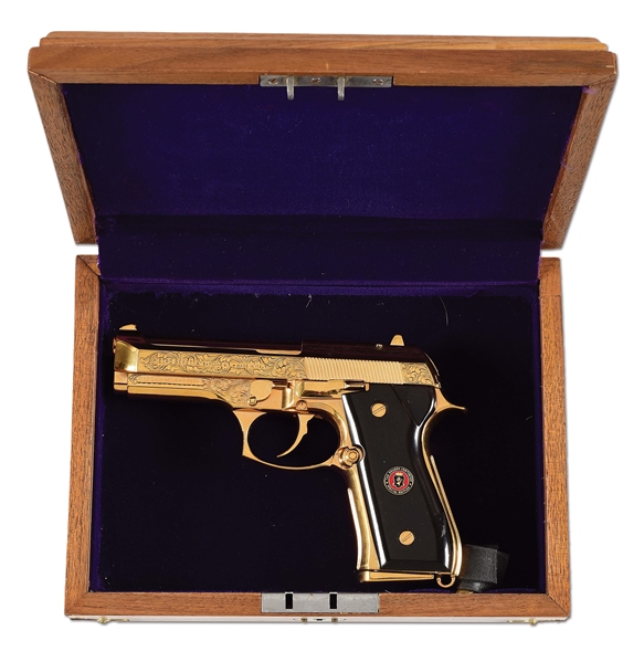 (M) LIMITED EDITION BERETTA MODEL 96D "GOLDEN CENTURION" SEMI-AUTOMATIC PISTOL WITH DISPLAY CASE.