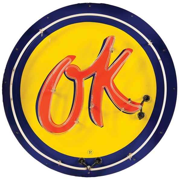 OK USED CARS PORCELAIN SIGN W/ ADDED NEON. 