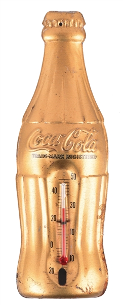 COCA-COLA EMBOSSED TIN BOTTLE THERMOMETER.