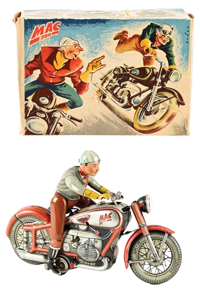 SCARCE GERMAN TIN LITHO WIND-UP RED VERSION MAC 700 MOTORCYCLE TOY.