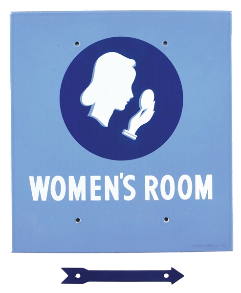 UNION OIL COMPANY "WOMENS ROOM" PORCELAIN SERVICE STATION SIGN W/ DIRECTIONAL ARROW. 