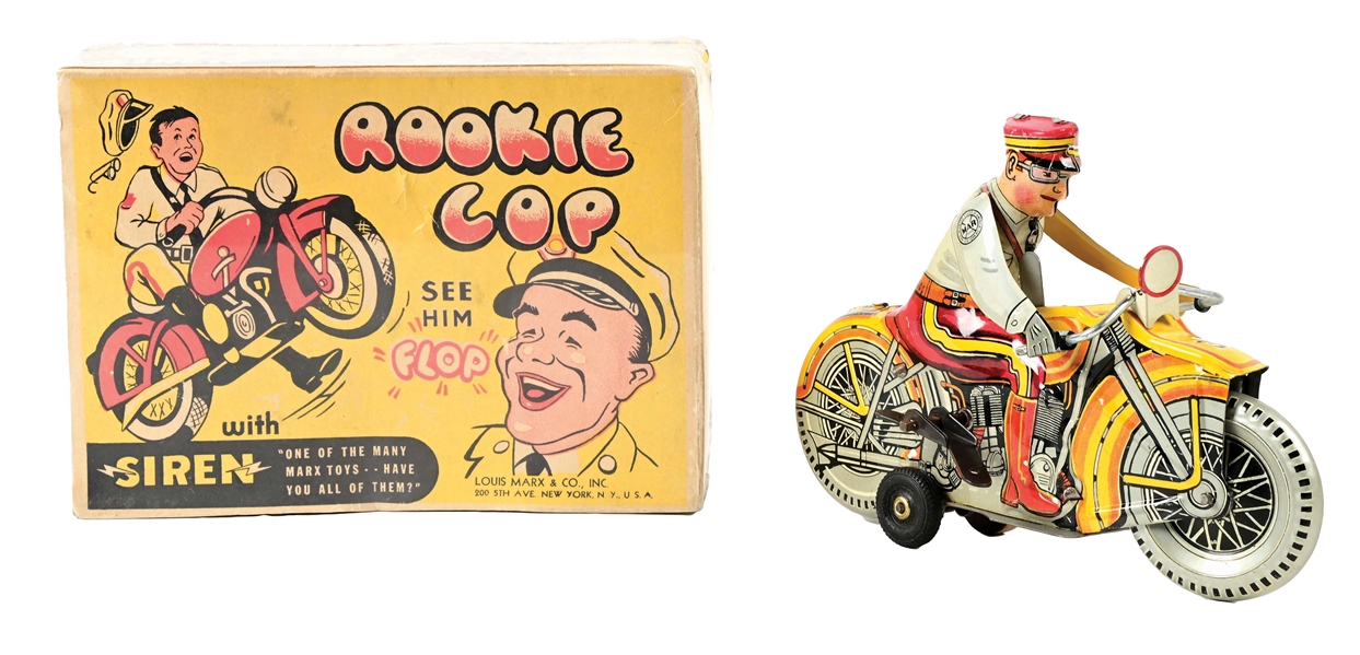 MARX TIN LITHO WIND-UP ROOKIE COP MOTORCYCLE.