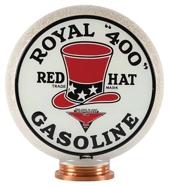 INCREDIBLE RED HAT ROYAL "400" GASOLINE 13.5" GLOBE LENS ON SCREW BASE WHITE RIPPLE BODY. 