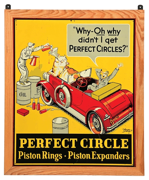 PERFECT CIRCLE PISTON RINGS EMBOSSED TIN SIGN W/ OIL HOG GRAPHIC.