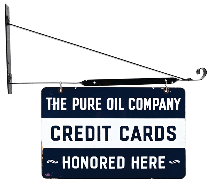 THE PURE OIL COMPANY CREDIT CARDS HONORED HERE DOUBLE-SIDED PORCELAIN SIGN.