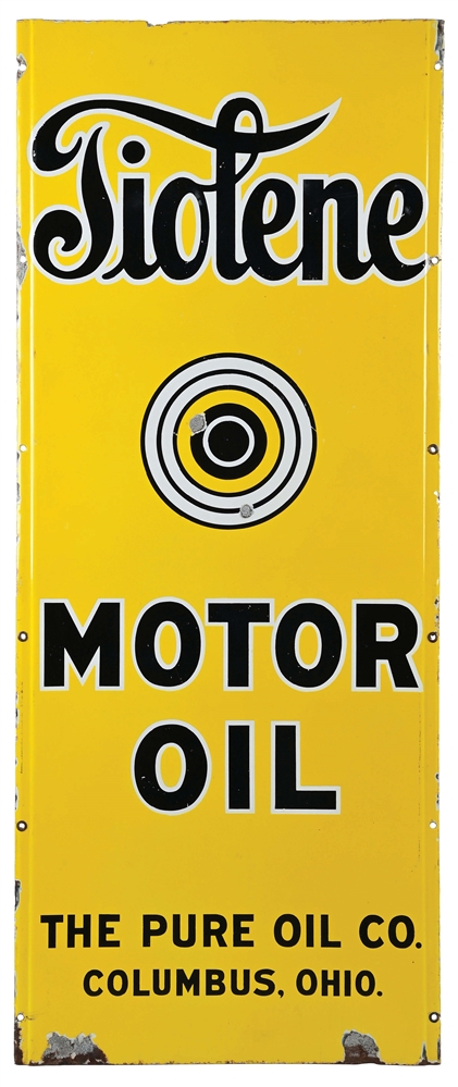 THE PURE OIL CO. TIOLENE MOTOR OIL SINGLE-SIDED PORCELAIN LIGHTHOUSE SIGN.