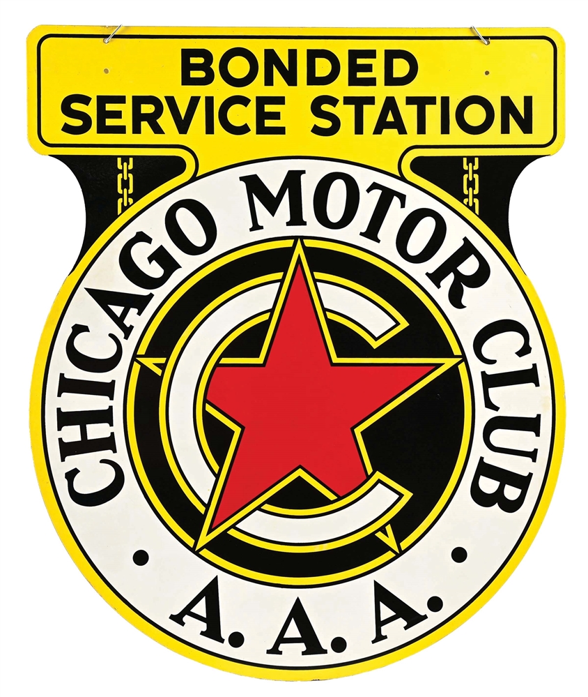 CHICAGO MOTOR CLUB A.A.A. PORCELAIN SIGN W/ STAR GRAPHIC.