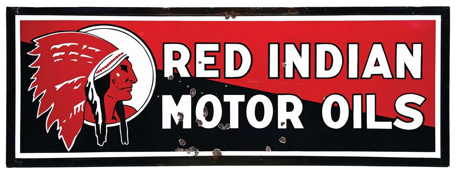 RED INDIAN MOTOR OILS SELF-FRAMED PORCELAIN SIGN W/ NATIVE AMERICAN GRAPHIC.