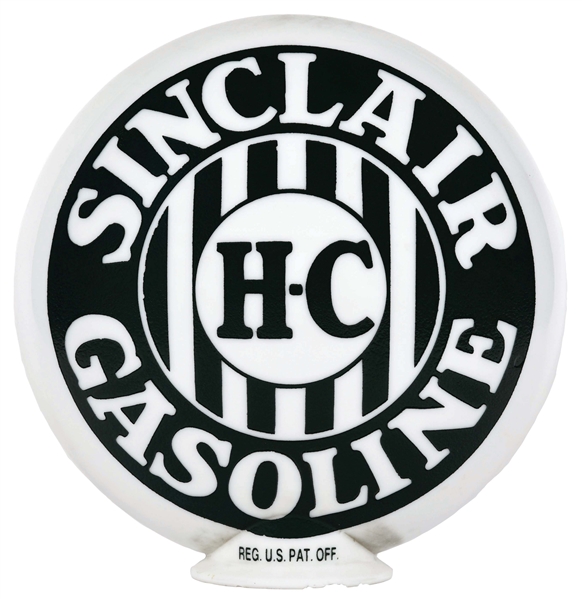 RARE SINCLAIR H-C GASOLINE ONE PIECE ETCHED MILK GLASS GLOBE W/ BAR GRAPHIC.