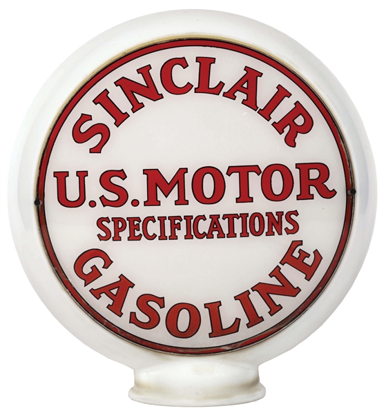 SINCLAIR "U.S. MOTOR SPECIFICATIONS" GASOLINE COMPLETE 13.5" GLOBE ON NARROW MILK GLASS BODY. .