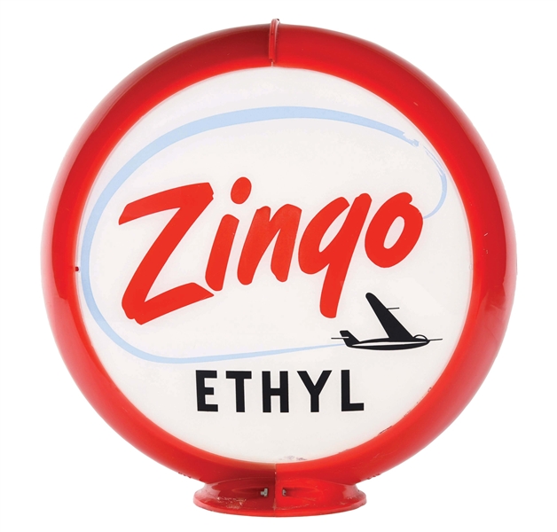 RARE ZINGO ETHYL GASOLINE 13.5" SINGLE GLOBE LENS W/ AIRPLANE GRAPHIC ON CAPCO BODY. 