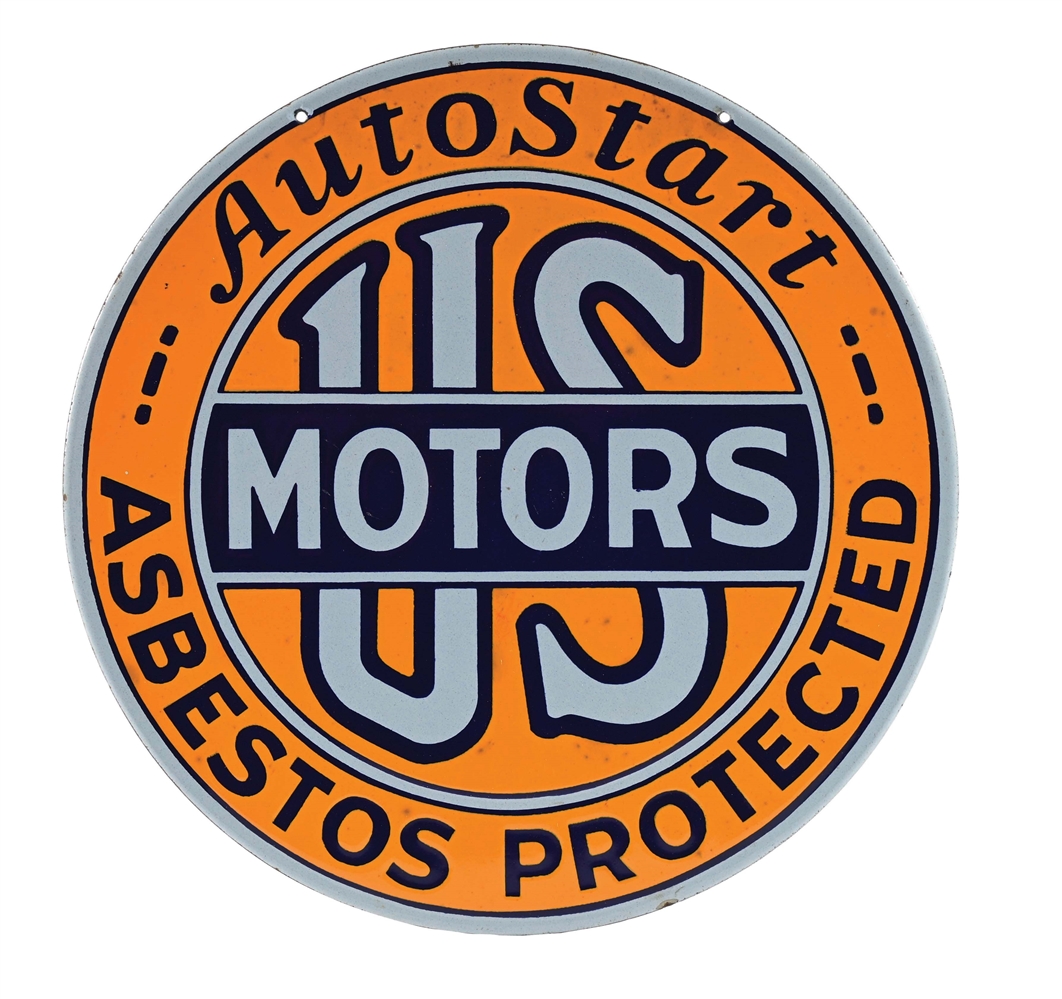 AUTO START "ASBESTOS PROTECTED" U.S. MOTORS PORCELAIN SIGN. 