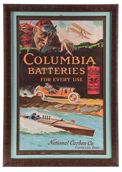 COLUMBIA BATTERIES "FOR EVERY USE" FRAMED ADVERTISEMENT W/ CAR, BOAT & AIRPLANE GRAPHIC. 