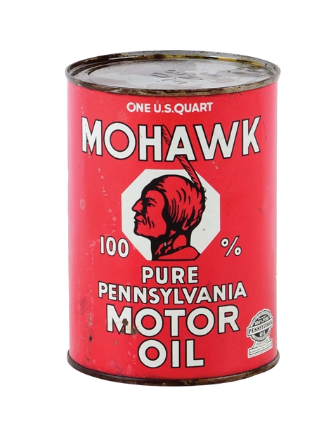 MOHAWK MOTOR OIL ONE QUART CAN W/ NATIVE AMERICAN GRAPHIC. 