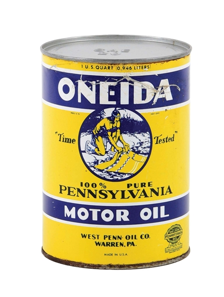 SCARCE ONEIDA MOTOR OIL ONE QUART CAN W/ NATIVE AMERICAN GRAPHIC. 