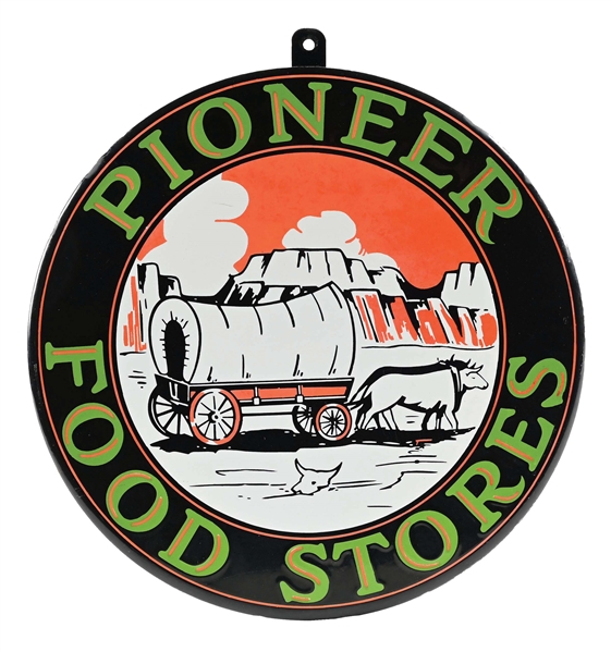 PIONEER FOOD STORES PORCELAIN SIGN W/ OX-DRAWN WAGON GRAPHIC.