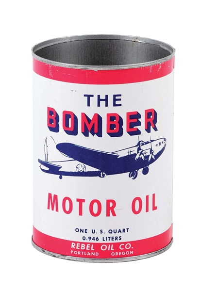 THE BOMBER MOTOR OIL ONE QUART CAN W/ AIRPLANE & CONFEDERATE GRAPHIC. 