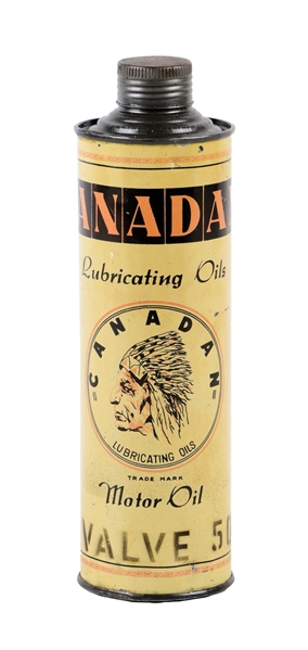 CANADAN LUBRICATING MOTOR OILS CONE TOP CAN W/ NATIVE AMERICAN GRAPHIC. 