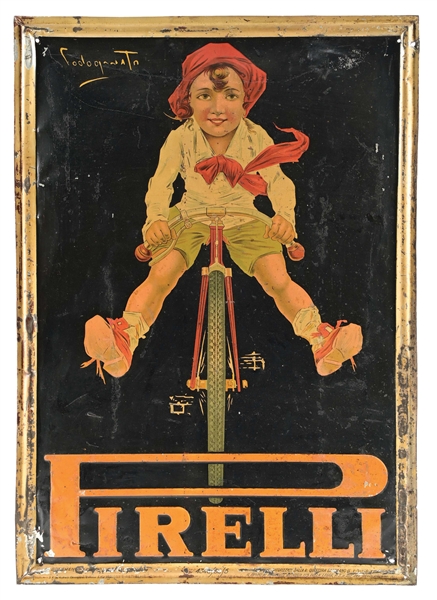 PIRELLI TIRES SELF-FRAMED TIN SIGN W/ LITLLE GIRL RIDING A BICYCLE GRAPHIC.