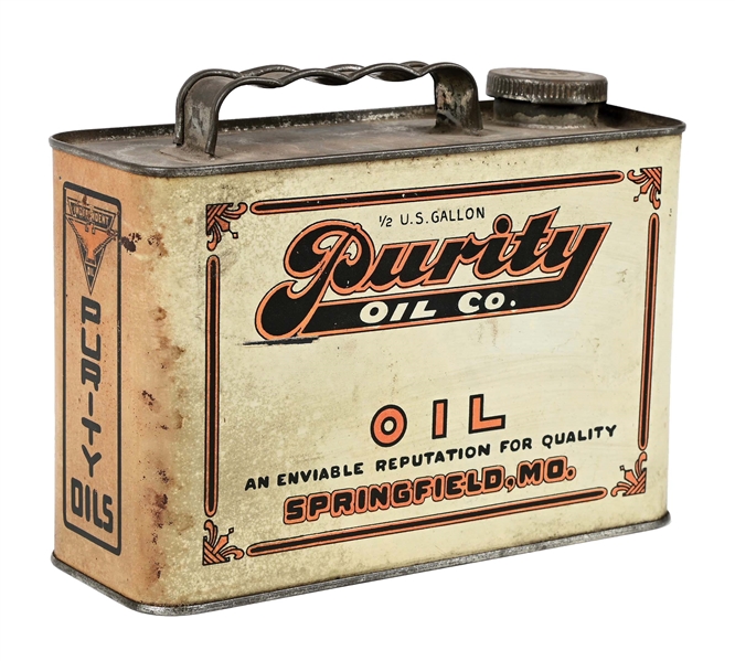 PURITY OIL COMPANY HALF GALLON FLAT CAN W/ INDEPENDENT THUNDERBIRD GRAPHIC. 