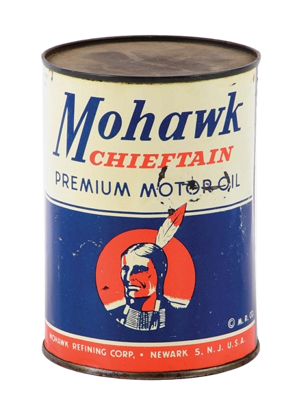 MOHAWK CHIEFTAIN PREMIUM MOTOR OIL ONE QUART CAN W/ NATIVE AMERICAN GRAPHIC. 