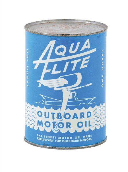 RARE AQUA FLITE OUTBOARD MOTOR OIL ONE QUART CAN W/ WINGED MOTOR GRAPHIC. 