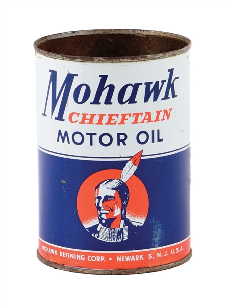 MOHAWK CHIEFTAIN MOTOR OIL ONE QUART CAN W/ NATIVE AMERICAN GRAPHIC. 