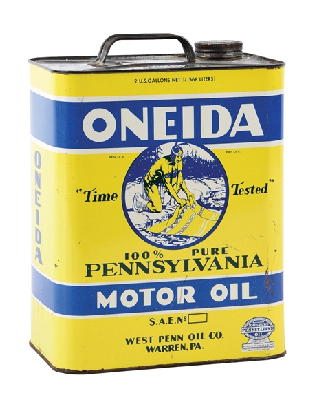 ONEIDA MOTOR OIL TWO GALLON CAN W/ NATIVE AMERICAN GRAPHIC. 