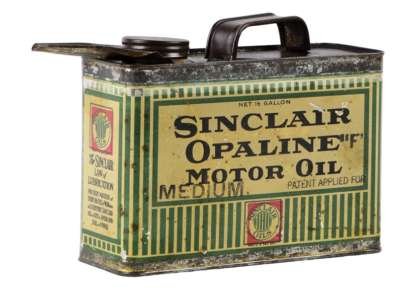 SINCLAIR OPALINE MOTOR OIL HALF GALLON FLAT CAN W/ BAR GRAPHIC. 