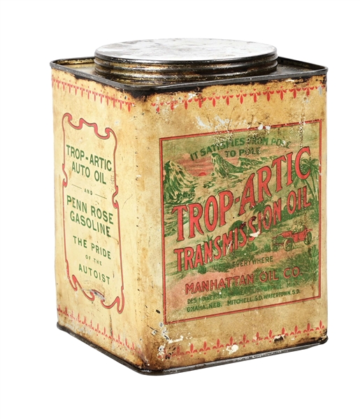 TROP ARTIC TRANSMISSION OIL SQUARE CAN W/ TOURING CAR GRAPHIC. 