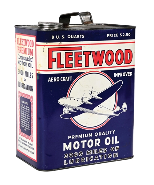 FLEETWOOD MOTOR OIL TWO GALLON GAN W/ LARGE AIRPLANE GRAPHIC. 