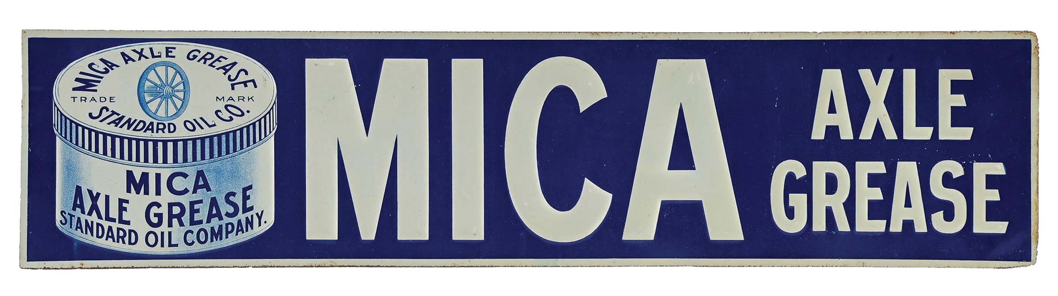 MICA AXLE GREASE EMBOSSED TIN TACKER SIGN W/ GREASE CAN GRAPHIC.