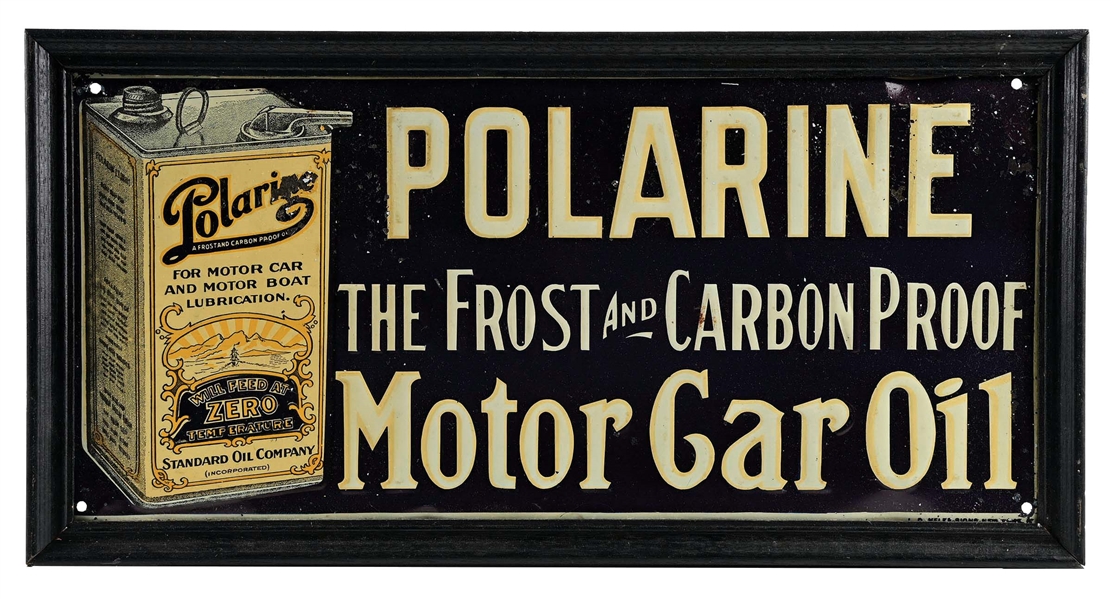 POLARINE MOTOR CAR OIL EMBOSSED TIN SIGN W/ OIL CAN GRAPHIC. 