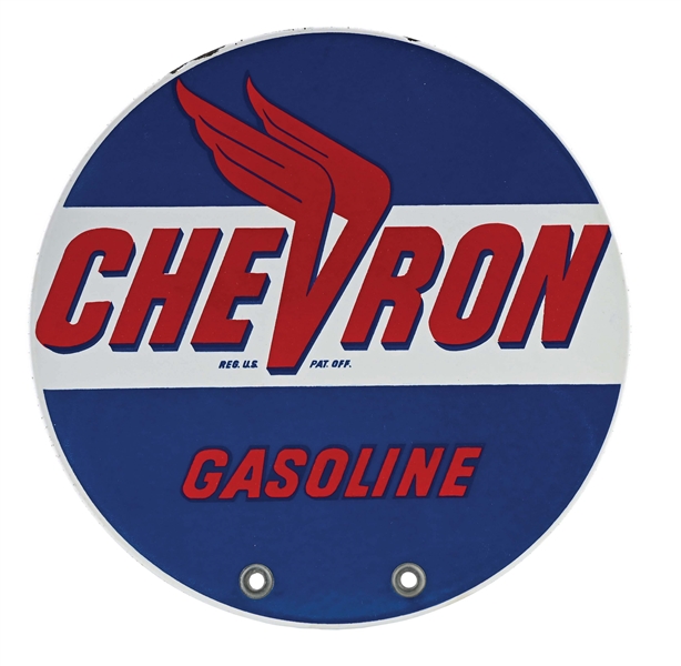 CHEVRON GASOLINE PORCELAIN RACK TOPPER SIGN W/ FEATHERED V GRAPHIC.