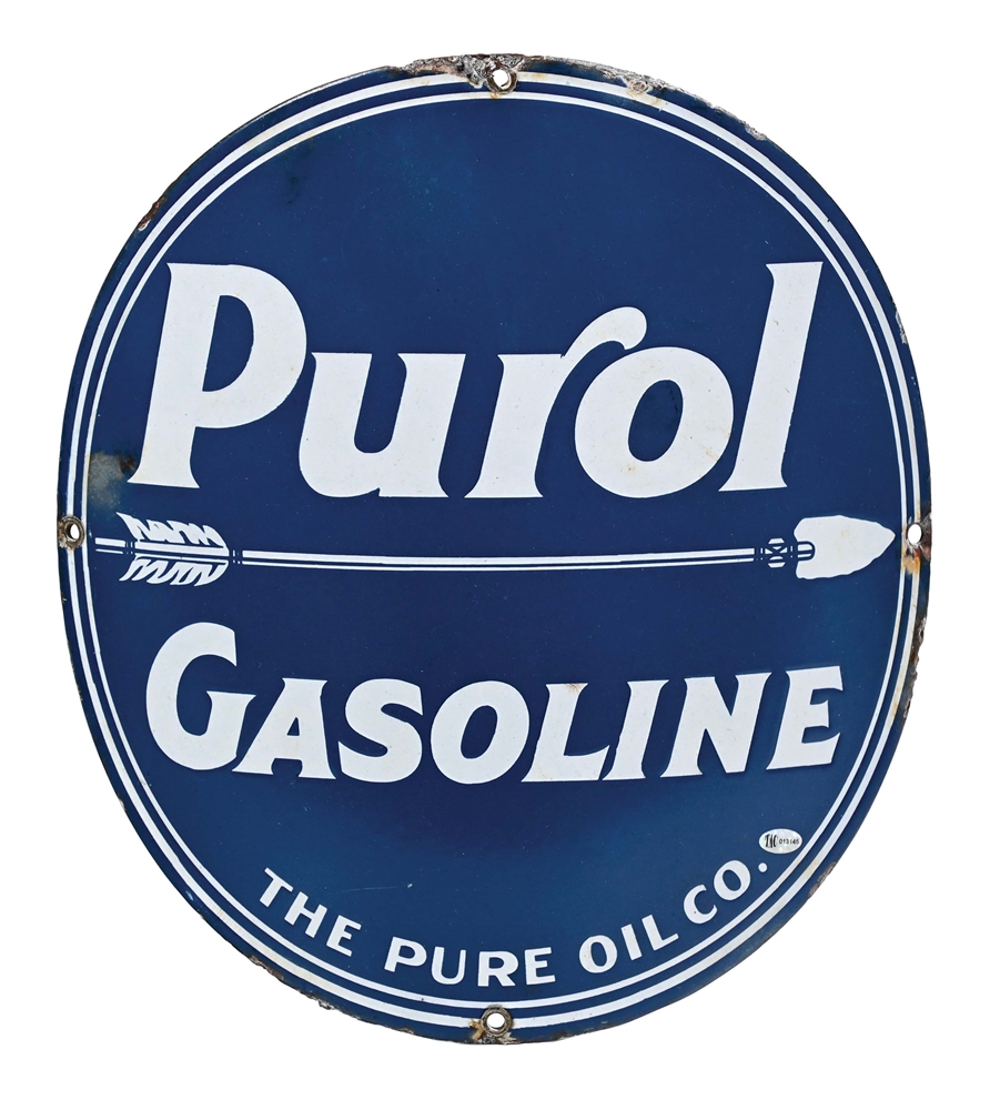 PUROL GASOLINE CURVED PORCELAIN SIGN W/ ARROW GRAPHIC.