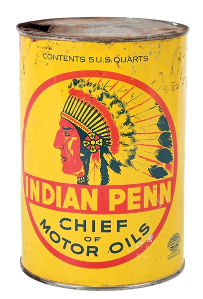INDIAN PENN MOTOR OILS FIVE QUART CAN W/ NATIVE AMERICAN GRAPHIC. 