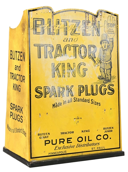 PURE OIL COMPANY BLITZEN & TRACTOR KING SPARK PLUGS TIN COUNTER DISPLAY. 