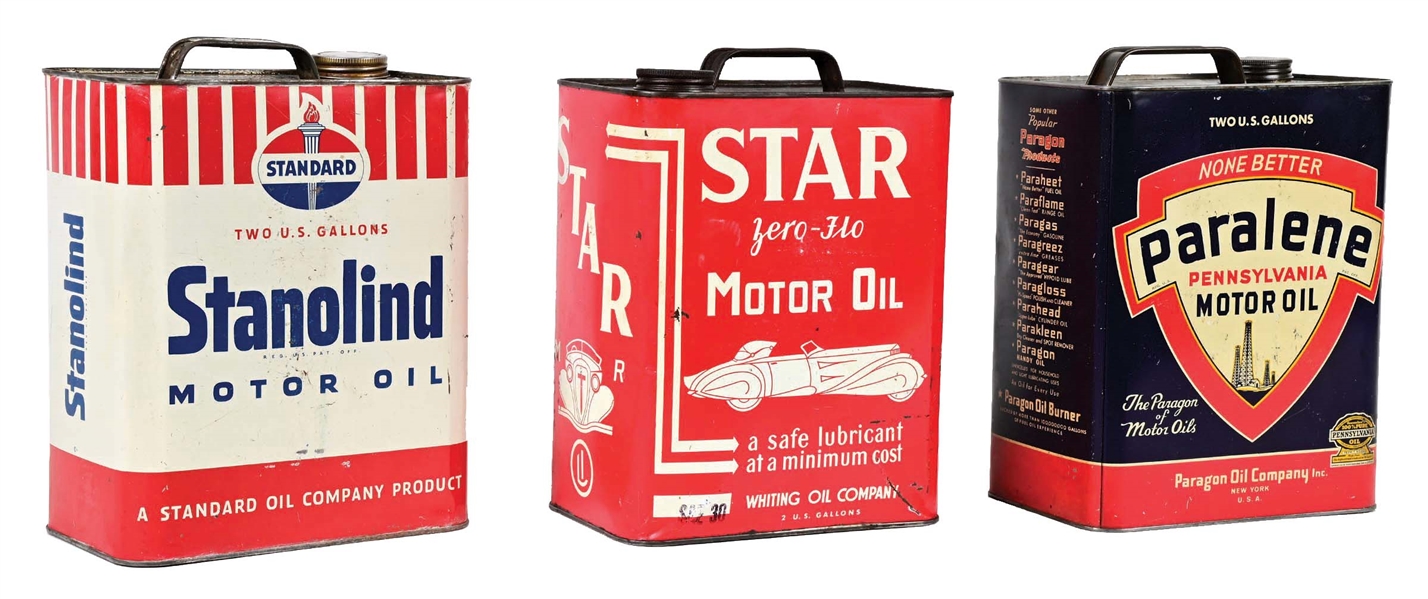 COLLECTION OF 3: TWO GALLON MOTOR OIL CANS. 