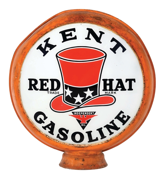 RARE KENT RED HAT GASOLINE COMPLETE 15" GLOBE ON ORIGINAL HIGH PROFILE BODY.