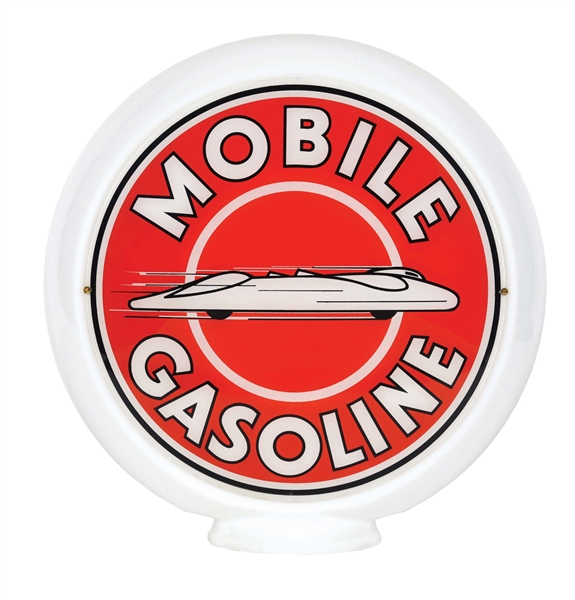 RARE MOBILE GASOLINE 13.5" SINGLE GLOBE LENS W/ LAND SPEED CAR GRAPHIC ON NARROW MILK GLASS BODY.  