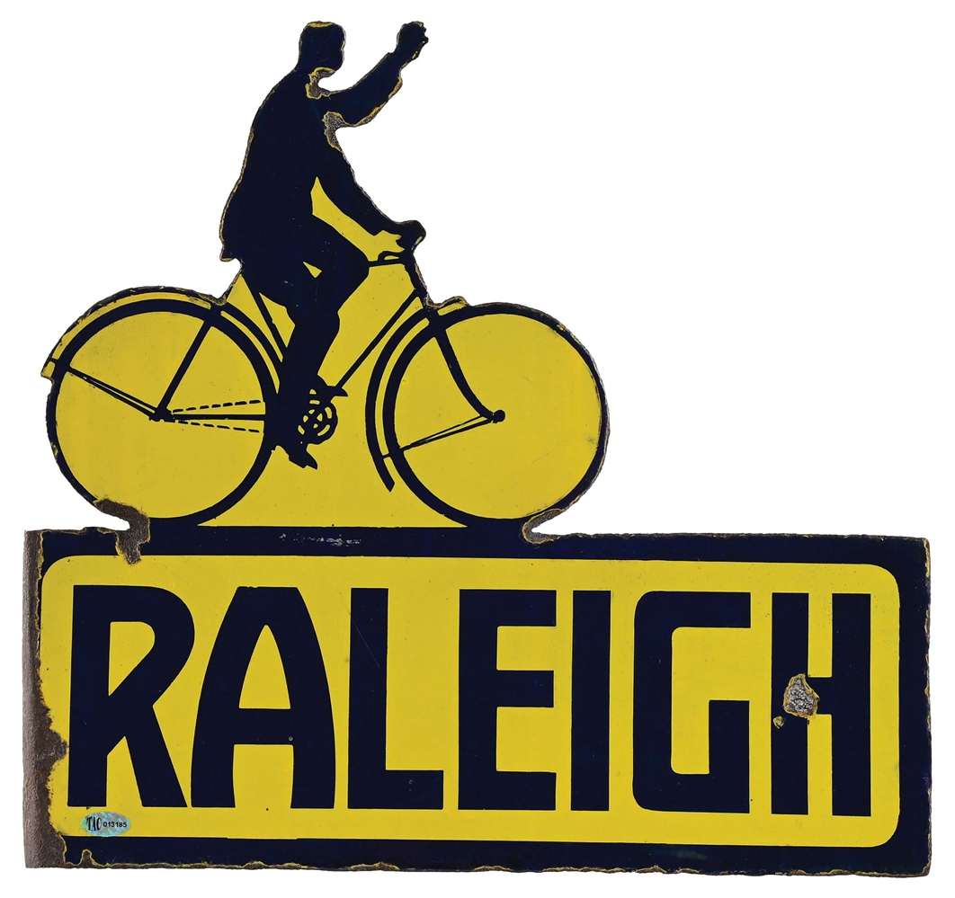 RALEIGH BICYCLES PORCELAIN FLANGE SIGN W/ BICYCLE GRAPHIC.