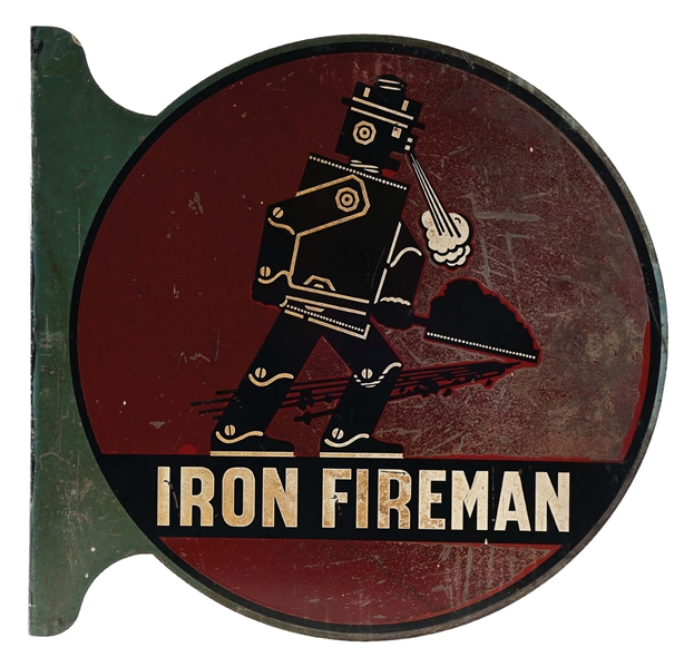 IRON FIREMAN PAINTED METAL FLANGE SIGN W/ FIREMAN GRAPHIC.