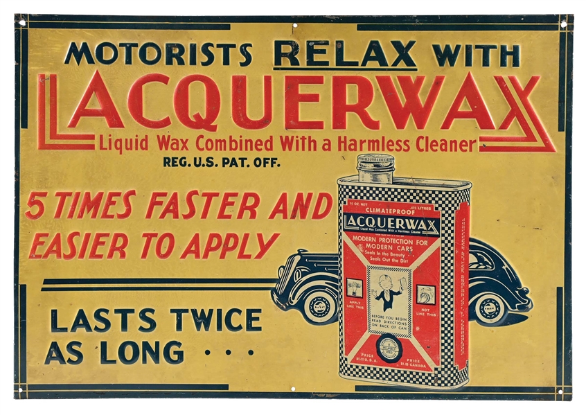 LACQUERWAX EMBOSSED TIN SIGN W/ CAR & OIL CAN GRAPHIC.
