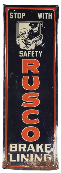 RUSCO BRAKE LINING SELF-FRAMED TIN SIGN W/ POLICE OFFICER GRAPHIC.