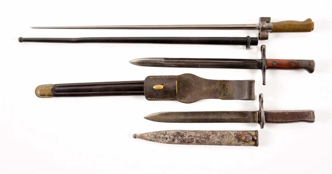 LOT OF 3: EUROPEAN BAYONETS WITH SCABBARDS.