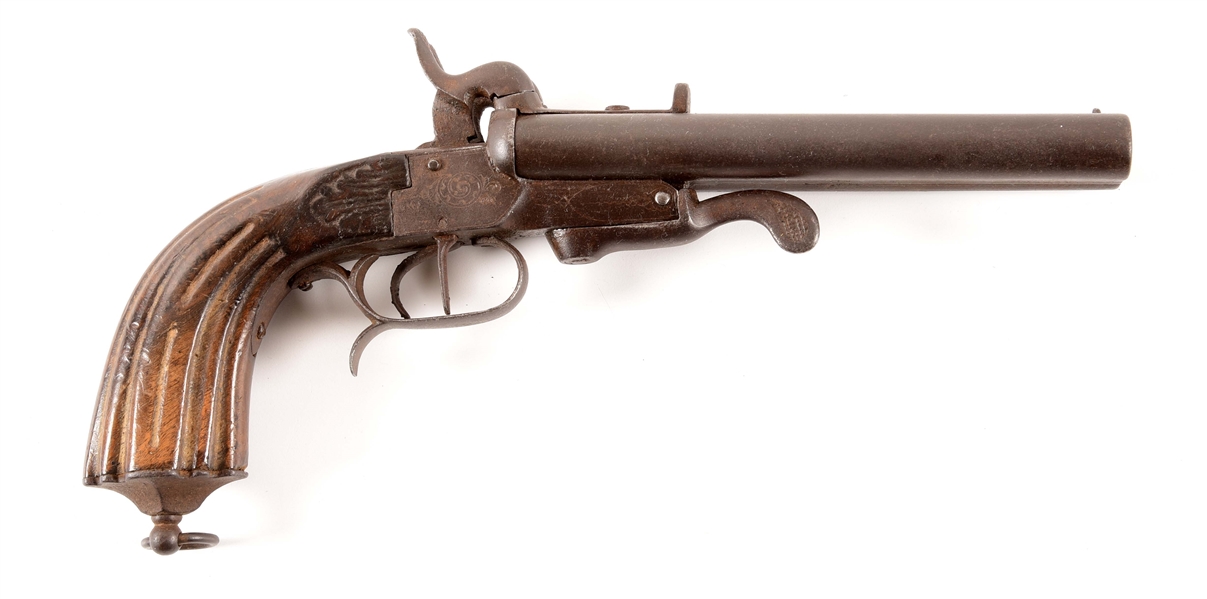 (A) CONTINENTAL SIDE BY SIDE PINFIRE HOWDAH PISTOL.