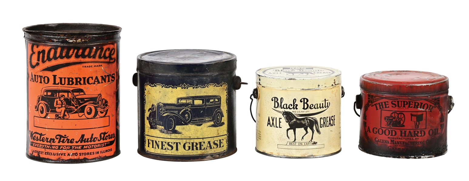 COLLECTION OF 4: EARLY AUTOMOTIVE GREASE & LUBRICATION CANS. 