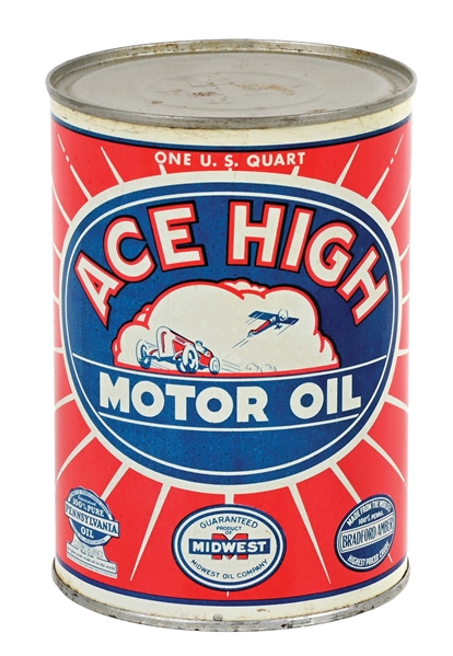 ACE HIGH MOTOR OIL ONE QUART CAN W/ PLANE & RACE CAR GRAPHIC. 